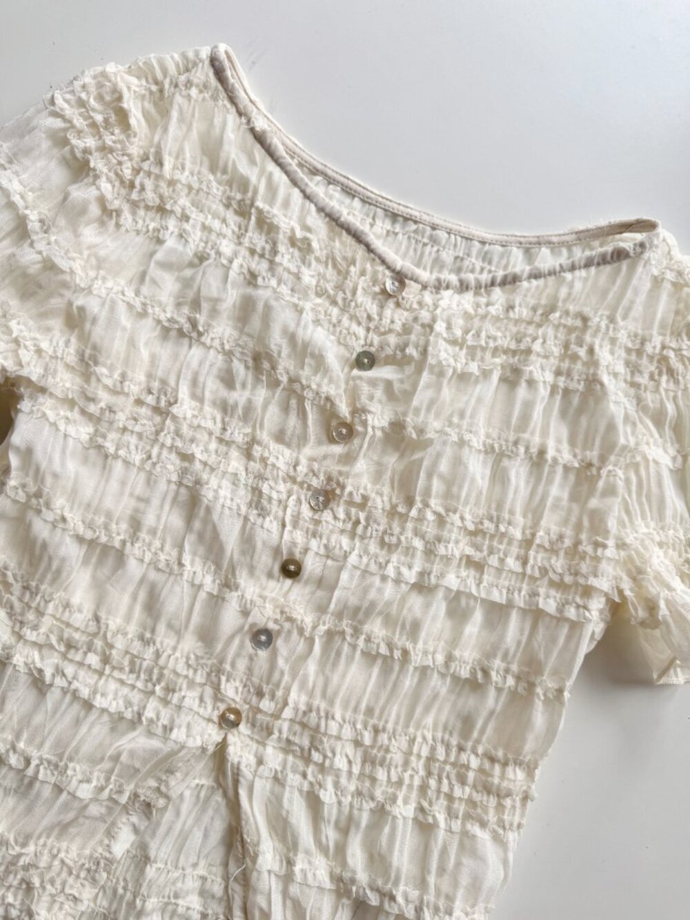 COMMENSE Ivory Ruched Chiffon Ruffled Button Front Blouse Skirt Set, Size XS - Picture 7 of 16